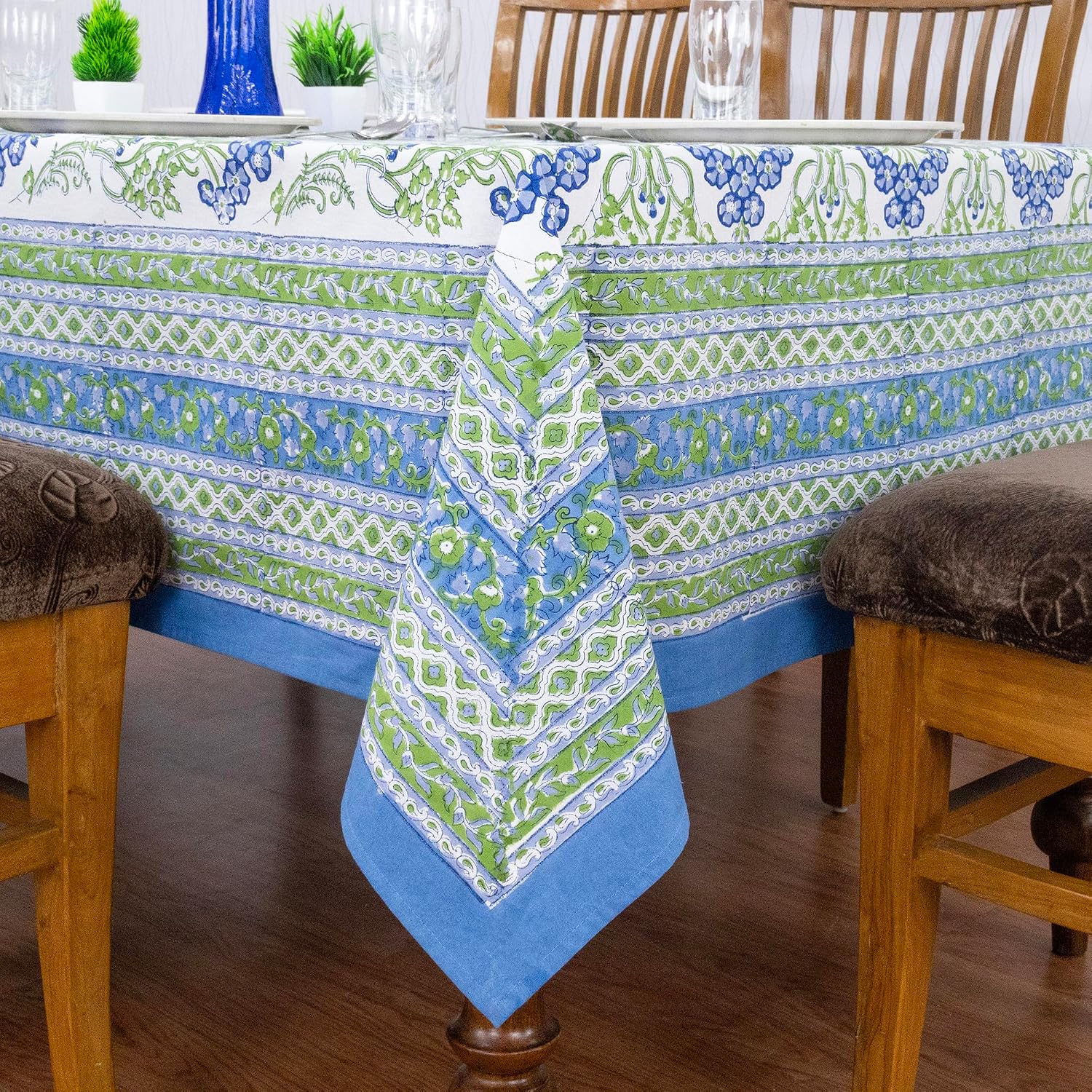 Home Spun & Crafts 72x190 Inches Rectangle Hand Block Printed Cotton Tablecloth, Green Blue Floral Table Cloths Washable, Indian Table Linen Thanksgiving Dining Fall Outdoor