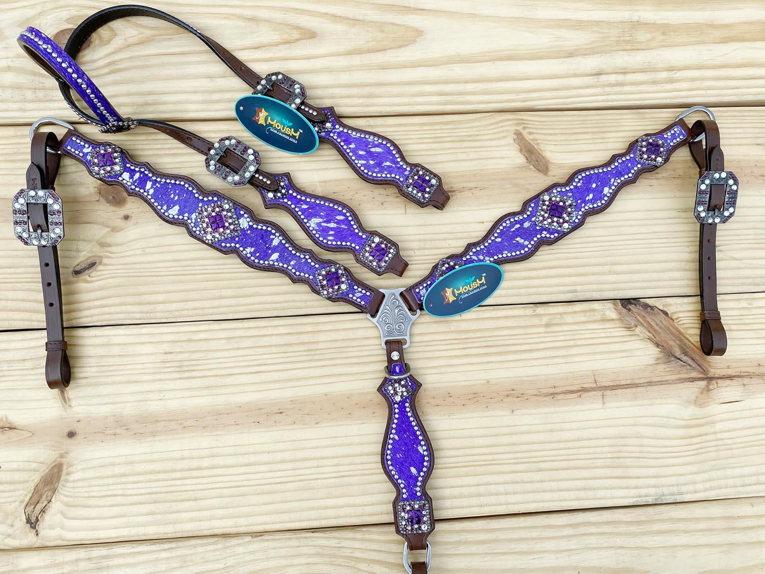 Western Leather Headstall & Breast Collar Set for Horses - Valentine's Day Silver Metallic Cowhide with Rhinestones