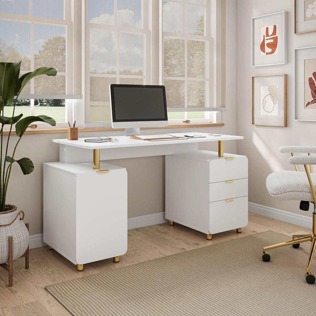 Elegant 57' W Executive Desk with 3 Drawers and Storage Cabinet, Modern Office Desk with Gold Accents, Floating Work Surface, Closed Storage with Ventilation & Adjustable Shelf (White,Gold)