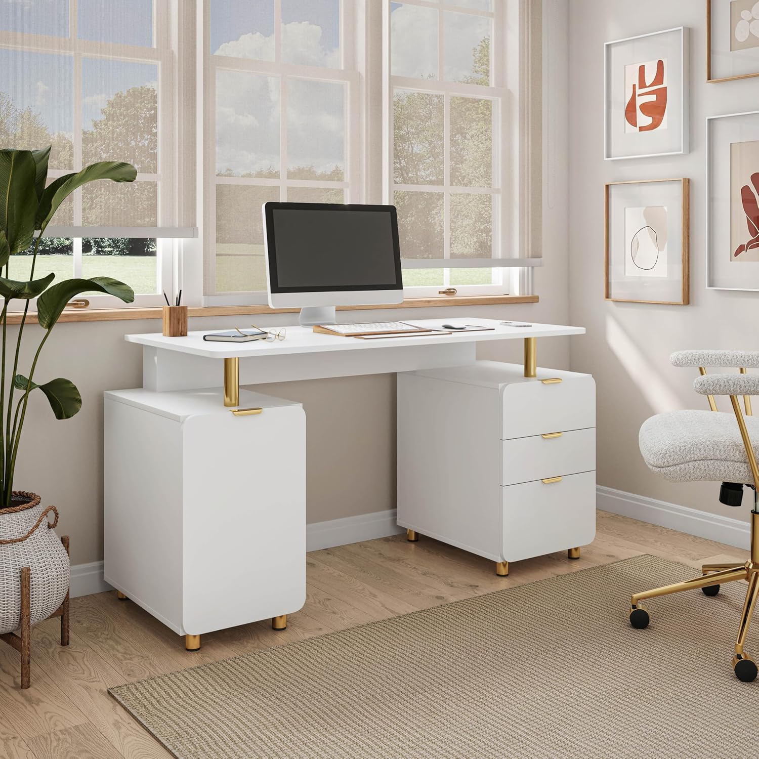 Elegant 57' W Executive Desk with 3 Drawers and Storage Cabinet, Modern Office Desk with Gold Accents, Floating Work Surface, Closed Storage with Ventilation & Adjustable Shelf (White,Gold)