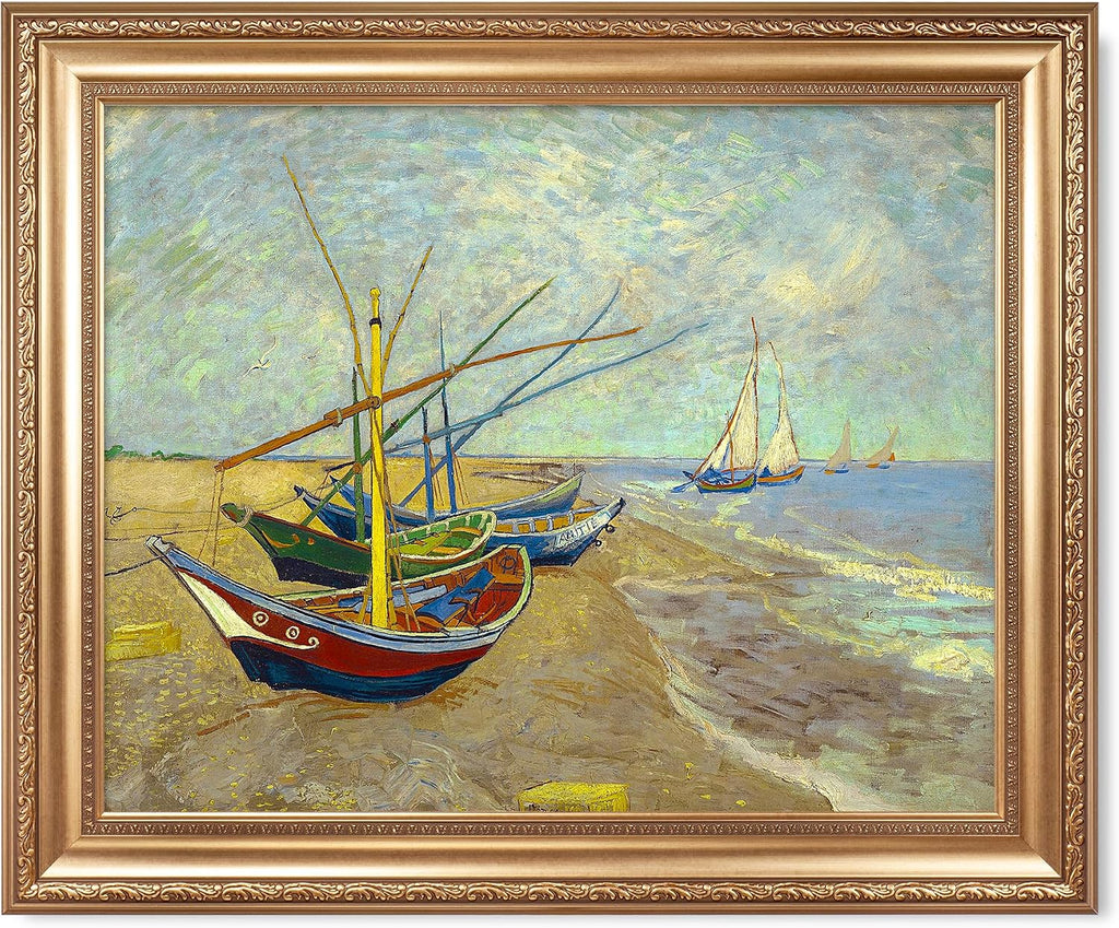 Boats at Saintes Maire by Vincent Van Gogh Framed Size:30x36 inches,Image Size:24x30 inches,Golden Frame The World Classic Art Reproductions,Wall Art for Home Decor