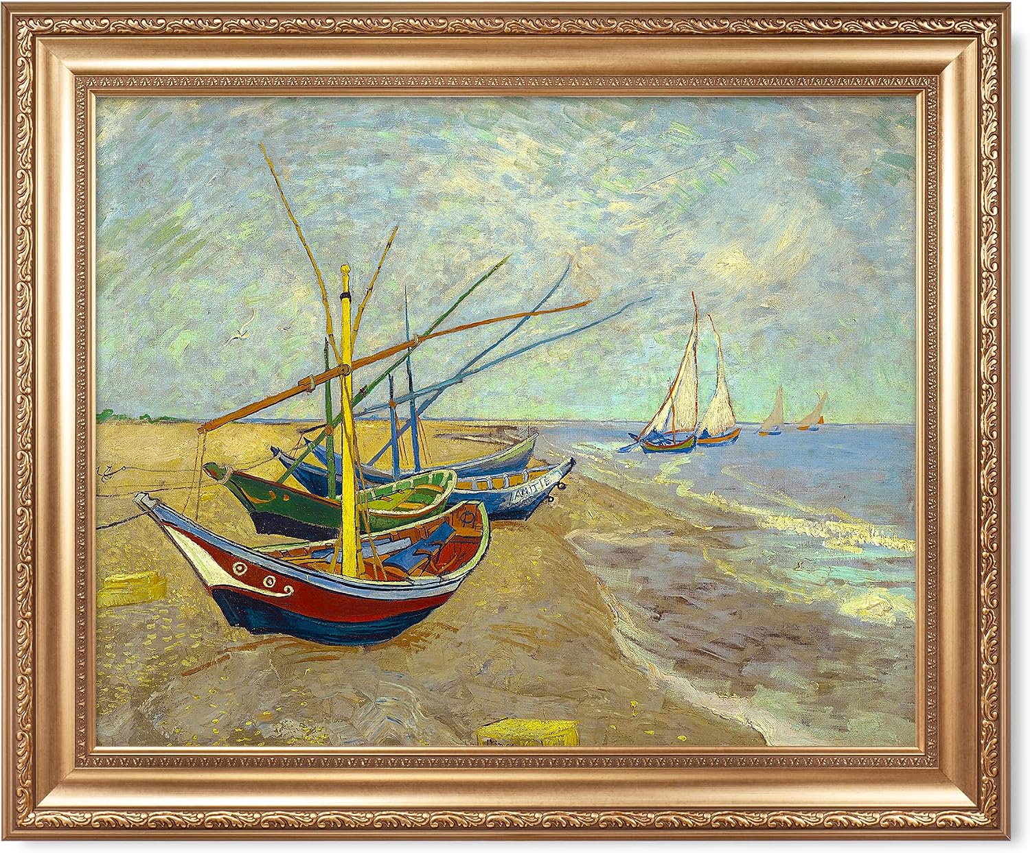 Boats at Saintes Maire by Vincent Van Gogh Framed Size:30x36 inches,Image Size:24x30 inches,Golden Frame The World Classic Art Reproductions,Wall Art for Home Decor