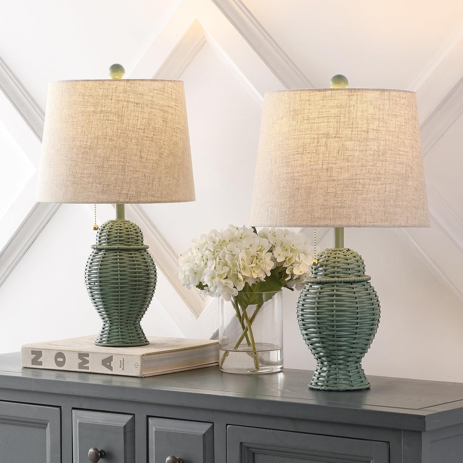 JONATHAN Y 20.5' Green Wicker Table Lamp Set of 2, Bohemian Rustic Farmhouse Bedside Lamps for Living Room, Nightstand Desk Lamps with Beige Linen Shade, LED Bulbs Included (JYL4041C-SET2)
