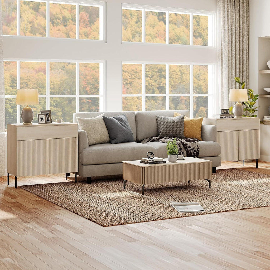 WAMPAT Fluted End Table Set of 2 with 1 Drawer & 1 Storage Cabinet, Modern Sofa Table with 2 Open Door, Wooden Side End Table for Living Room, Nighstand for Bedroom, Beige