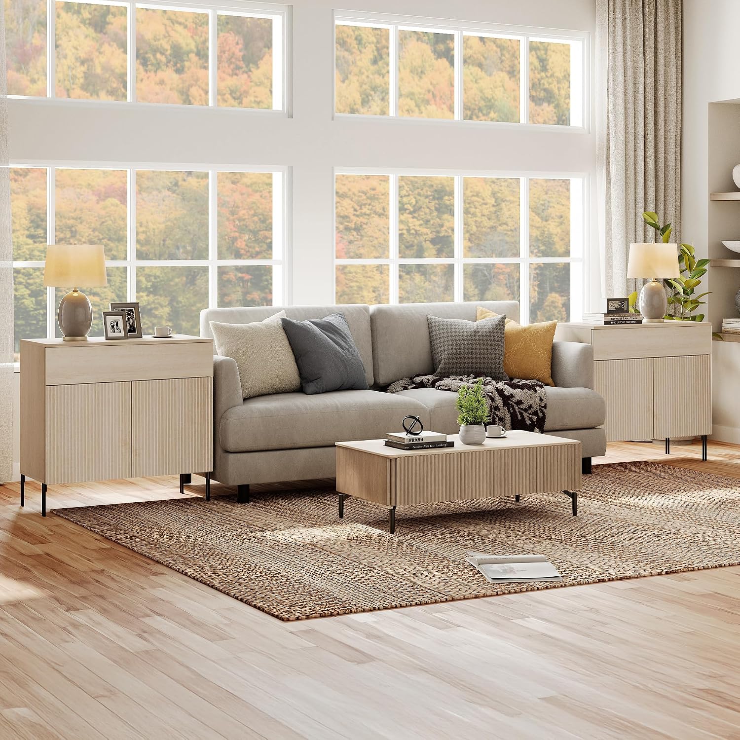 WAMPAT Fluted End Table Set of 2 with 1 Drawer & 1 Storage Cabinet, Modern Sofa Table with 2 Open Door, Wooden Side End Table for Living Room, Nighstand for Bedroom, Beige