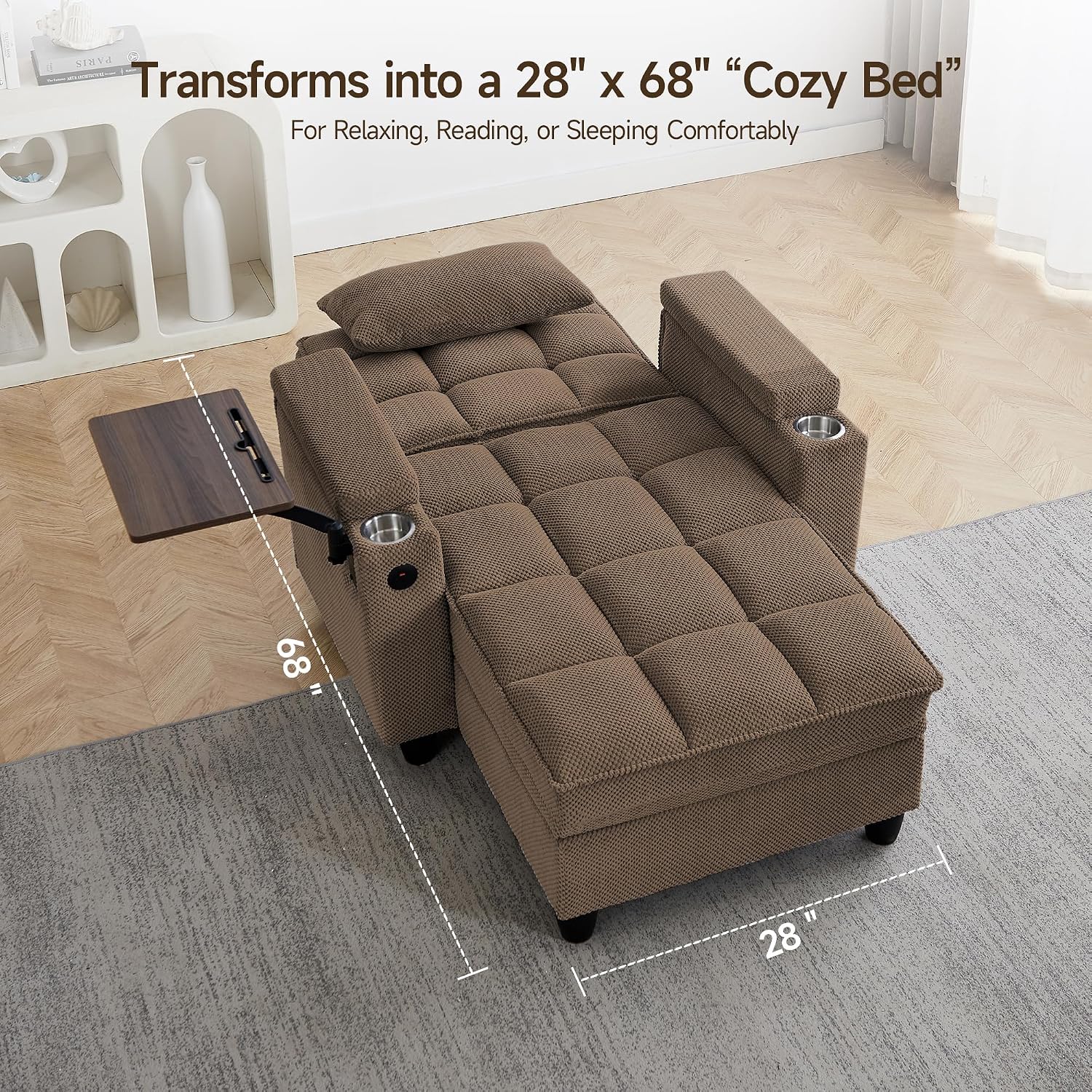 Oversized Recliner Chair with Swivel Tray Table, Modern Tufted Linen Fabric Single Sofa with Cup Holders & USB Port, 660 LBS Heavy Duty Reclining Chair for Living Room, Home Theater & Bedroom (41.7'')