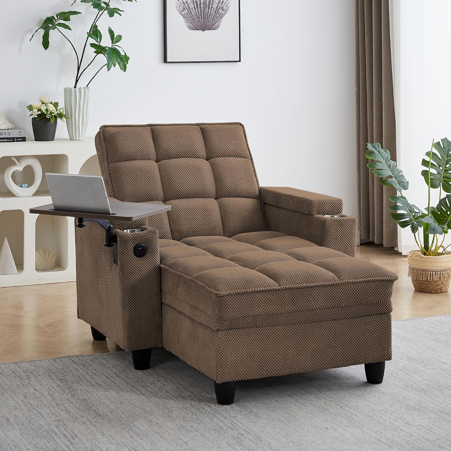 Oversized Recliner Chair with Swivel Tray Table, Modern Tufted Linen Fabric Single Sofa with Cup Holders & USB Port, 660 LBS Heavy Duty Reclining Chair for Living Room, Home Theater & Bedroom (41.7'')