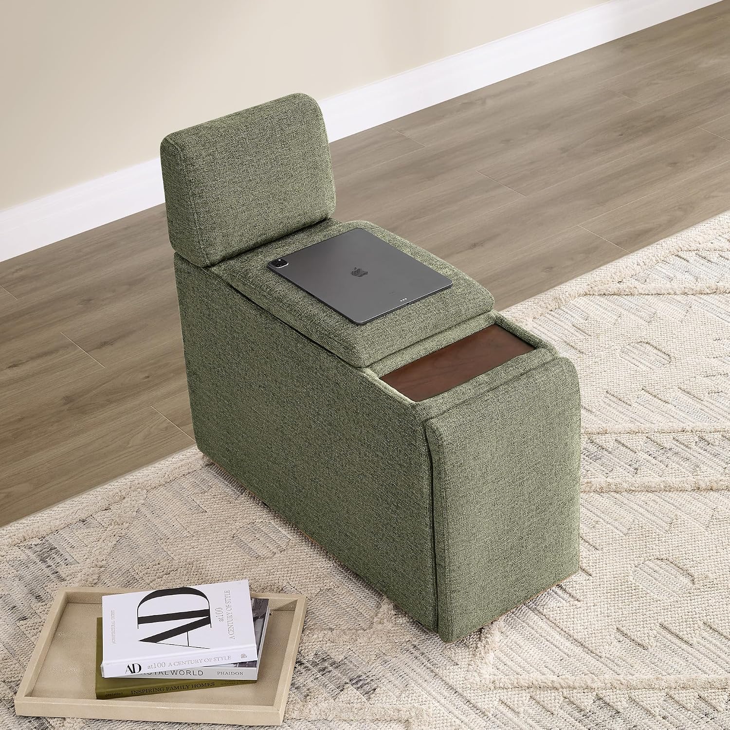 CHITA Versatile Storage Console for Modular Sofa, Multifunctional Side Table with Dual Cup Holders, Table, No Need Assembly,Moss Green