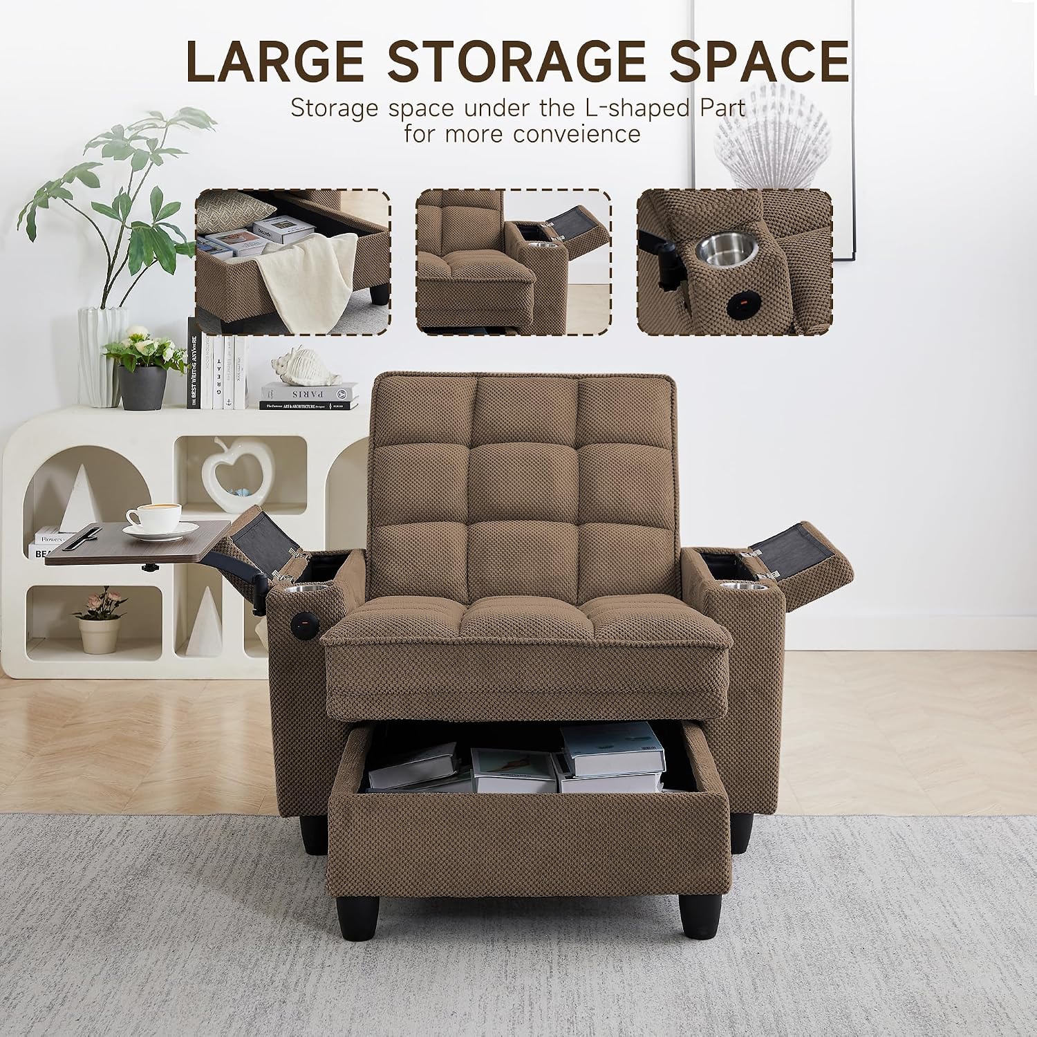 Oversized Recliner Chair with Swivel Tray Table, Modern Tufted Linen Fabric Single Sofa with Cup Holders & USB Port, 660 LBS Heavy Duty Reclining Chair for Living Room, Home Theater & Bedroom (41.7'')