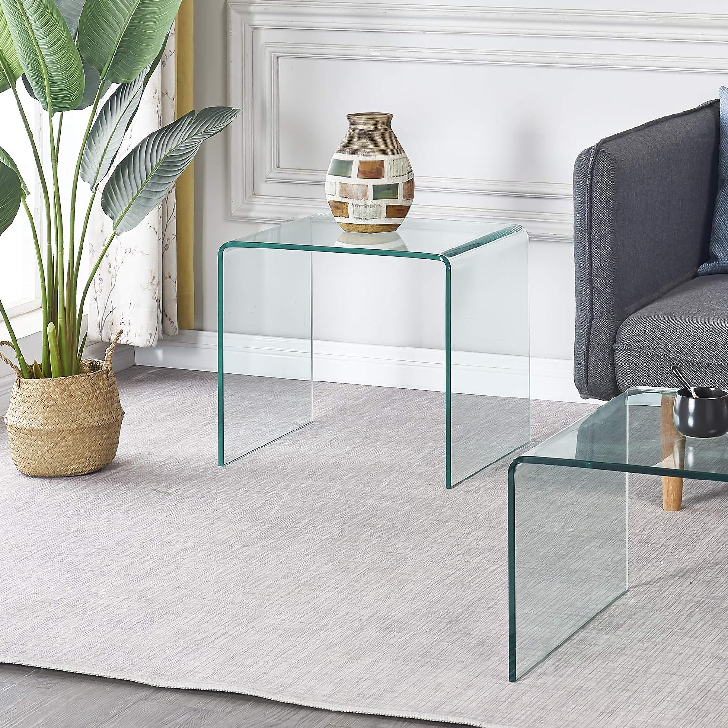 Modern Glass Nightstand End Table, N-Shaped Small Side Tables, Modern Rectangle Small Nightstand for Living Room 19.72' x 15.8' x 17.72'H