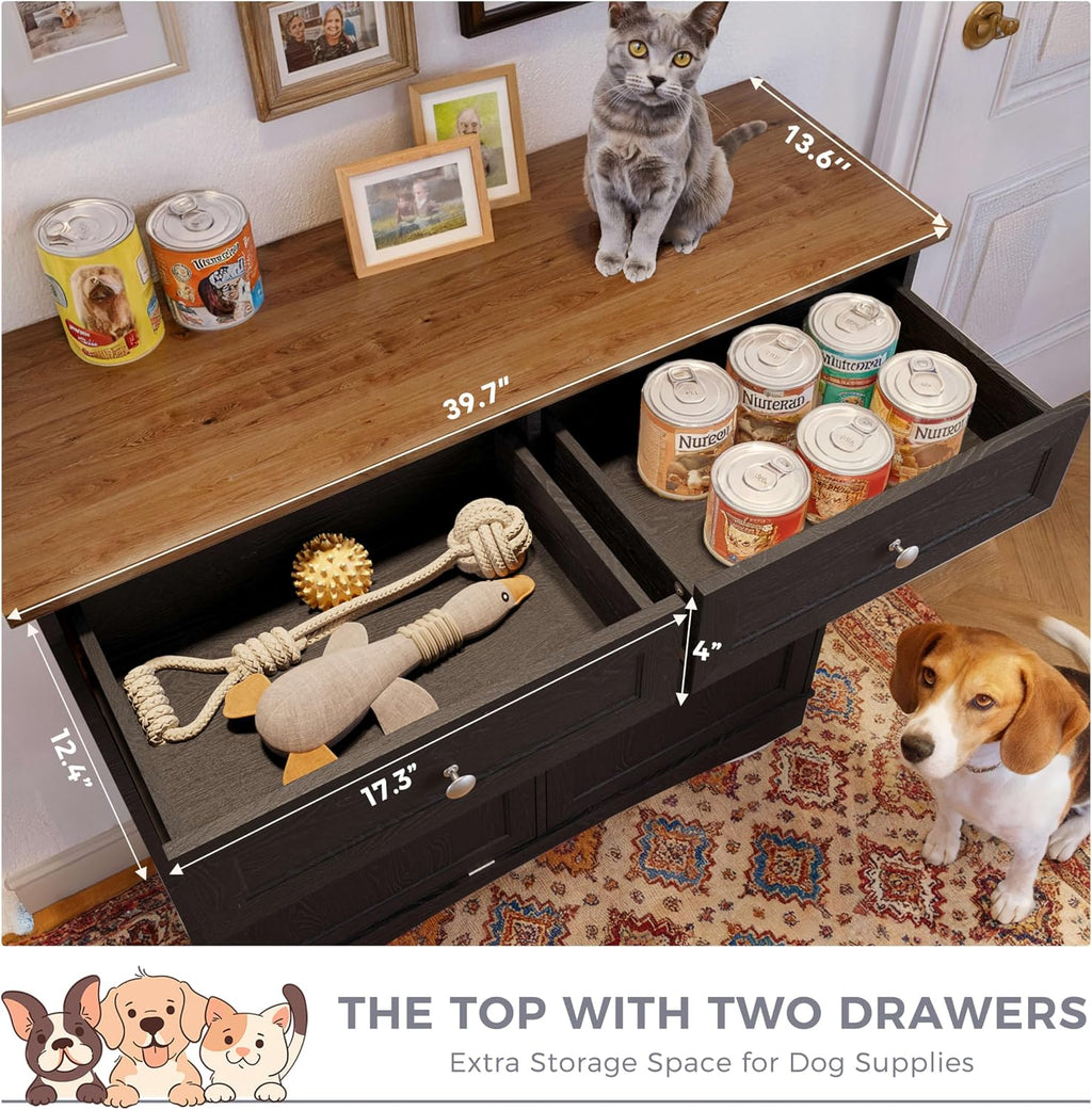FIMELLO 39.7''W Dual Doors Dog Food Storage Cabinet, Tilt-Out Dog Feeding Station with 4 Feeding Bowls, Pet Feeder Cabinet, Black Grain