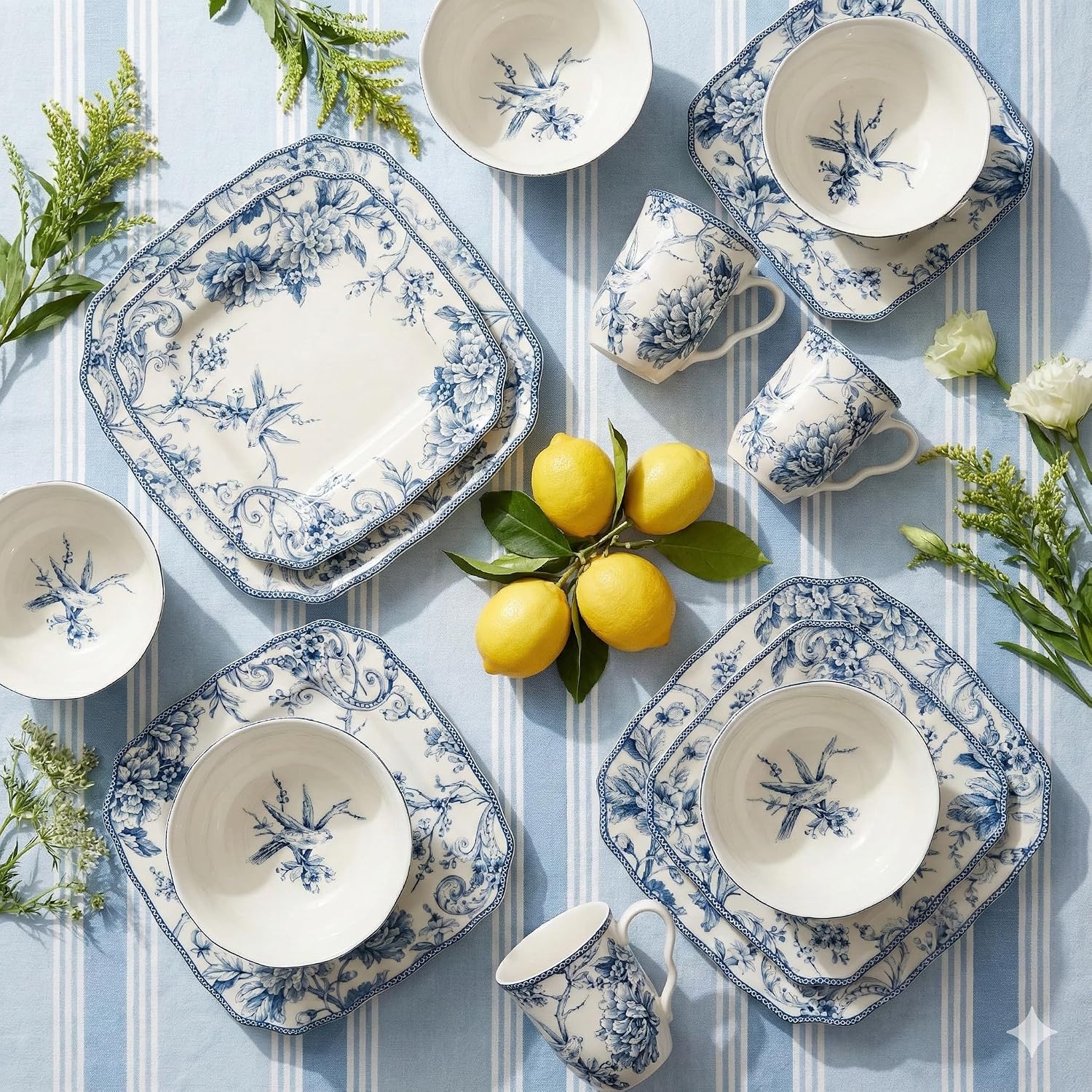 222 Fifth Adelaide Blue 16-Piece Floral Porcelain Dinnerware Set | Microwave and Dishwasher Safe Dining Set for 4 | Stackable and Chip-Resistant Plates Bowls and Cups | Gift for Housewarming & Wedding