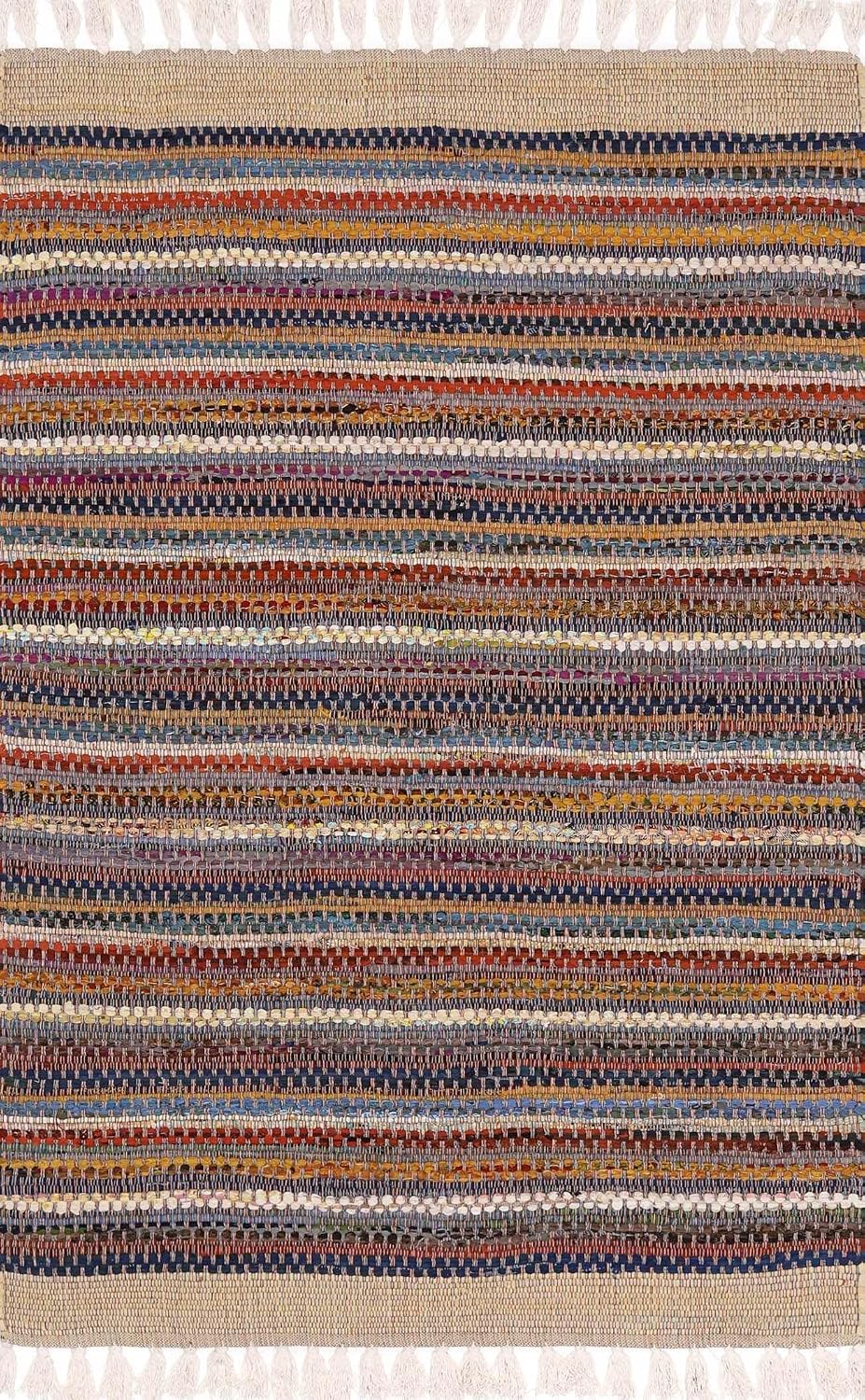 BoutiqueRugs Indigo Striped Transitional Cotton 5x7 Area Rug Hand Woven Tan Rust Olive Mustard Charcoal Ivory Bohemian Brenda Living Room Bedroom Dining Room Home Office Apartment Stain Resistant