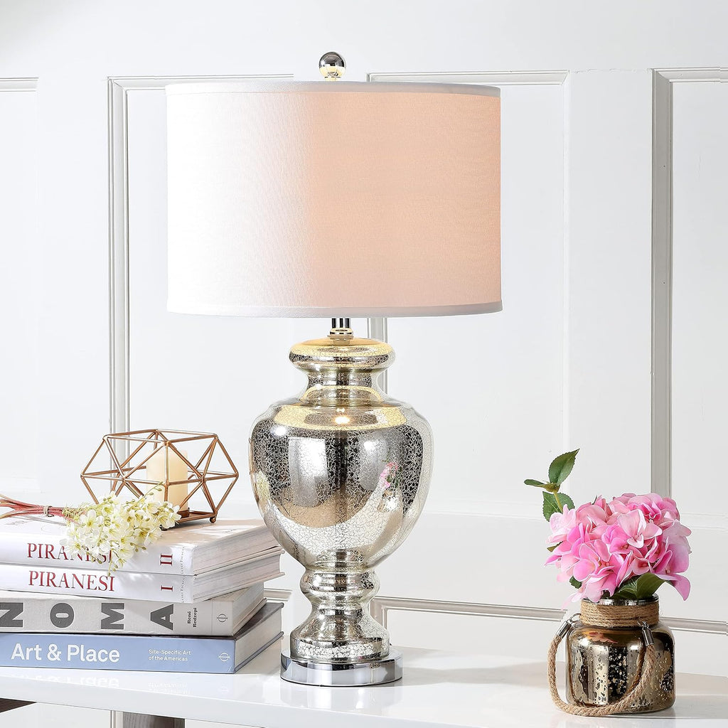 SAFAVIEH Lighting Collection Morocco Mercury Silver Crackle Glass 28-inch Bedroom Living Room Home Office Desk Nightstand Table Lamp Set of 2 (LED Bulbs Included)