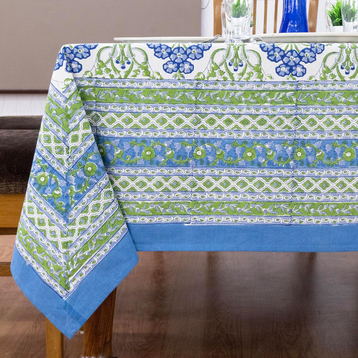 Home Spun & Crafts 72x190 Inches Rectangle Hand Block Printed Cotton Tablecloth, Green Blue Floral Table Cloths Washable, Indian Table Linen Thanksgiving Dining Fall Outdoor