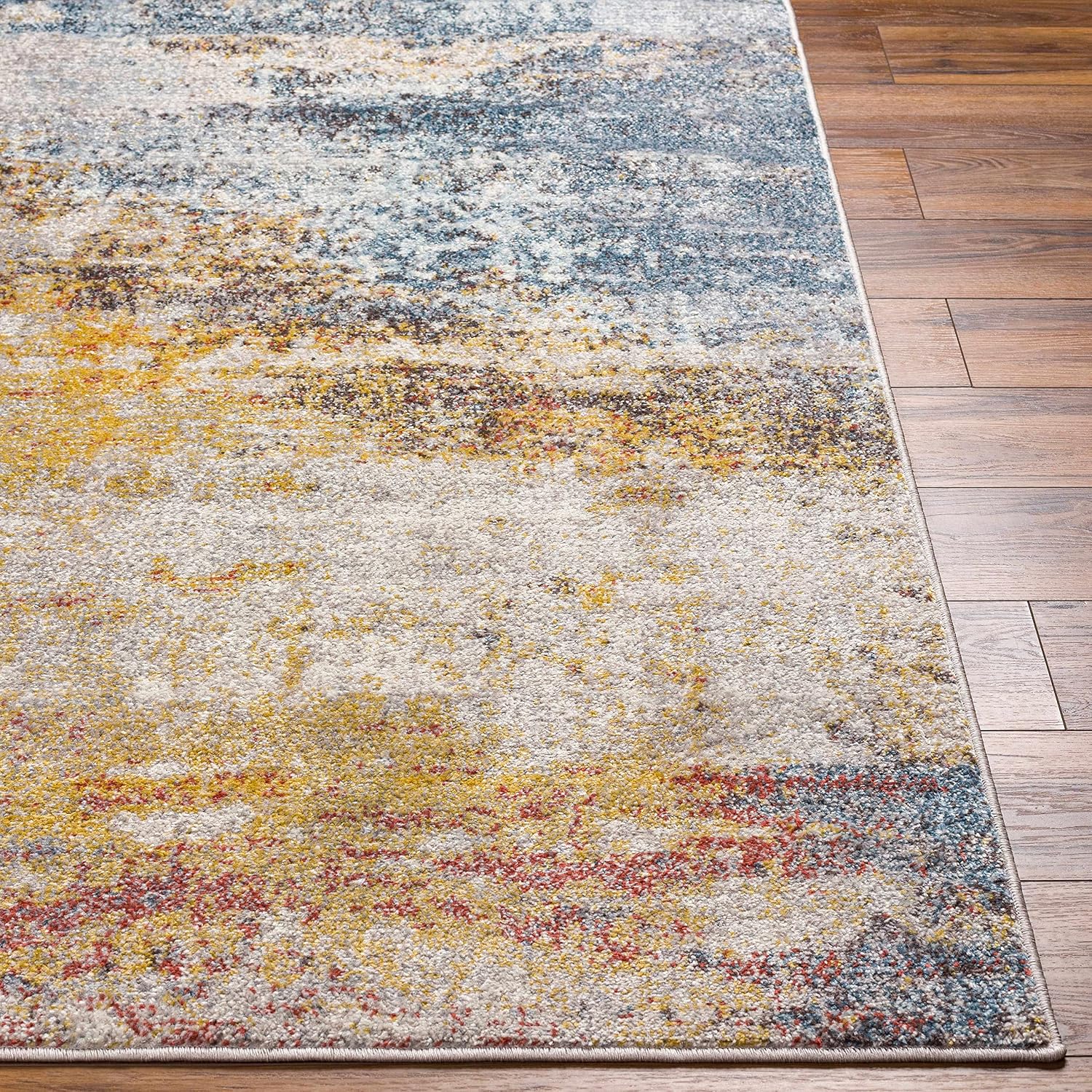 BoutiqueRugs Light Gray Abstract 5ft Round Area Rug Contemporary Mustard Ice Blue Navy Alexandra Living Room Bedroom Dining Room Home Office Apartment 5'3' Round Stain Resistant Non-Shedding