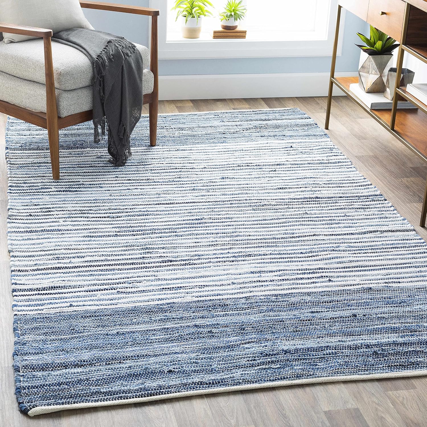 BoutiqueRugs Blue Striped Transitional Cotton 4x5 Accent Rug Hand Woven Navy Traditional Armona Entryway Bedside Nursery Mudroom Bathroom Powder Room 3'6' x 5'6' Stain Resistant Non-Shedding