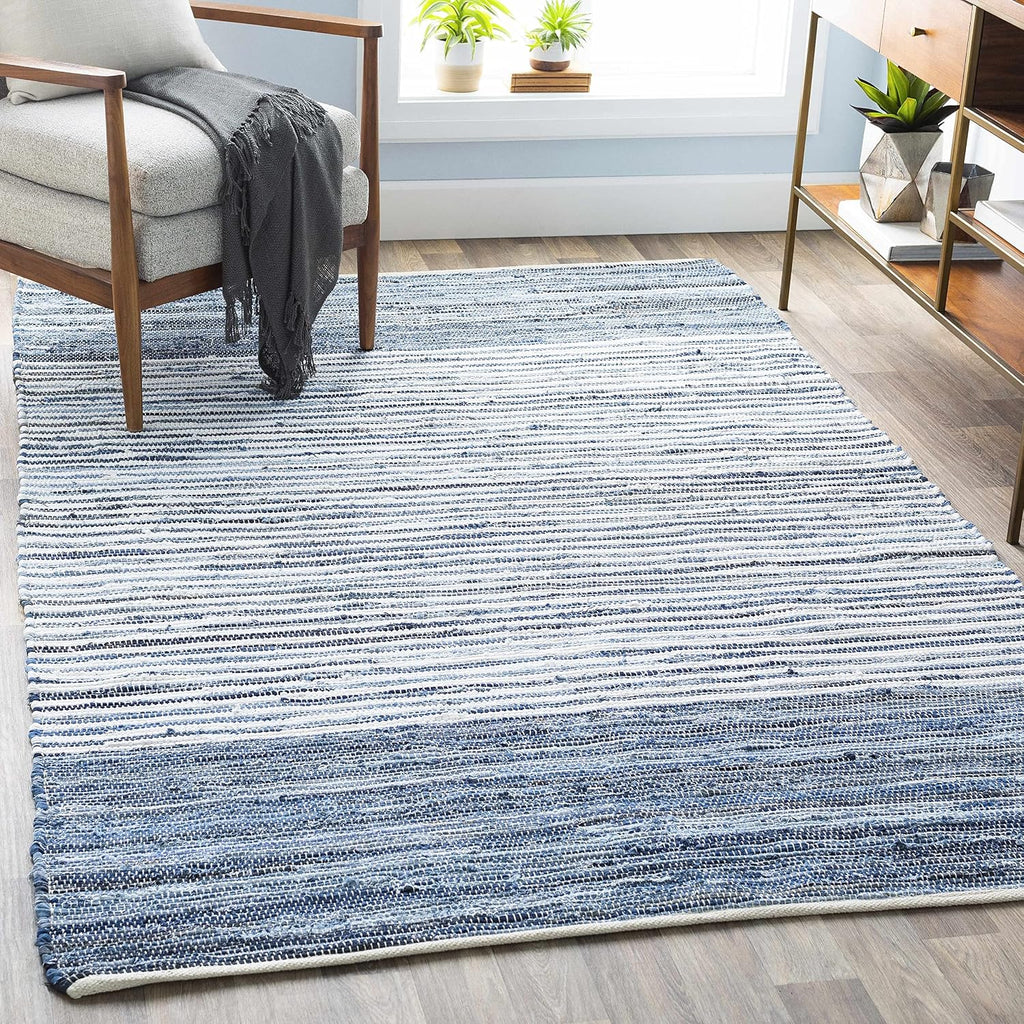 BoutiqueRugs Blue Striped Transitional Cotton 5x8 Area Rug Hand Woven Navy Traditional Armona Living Room Bedroom Dining Room Home Office Apartment Stain Resistant Non-Shedding Pet Friendly