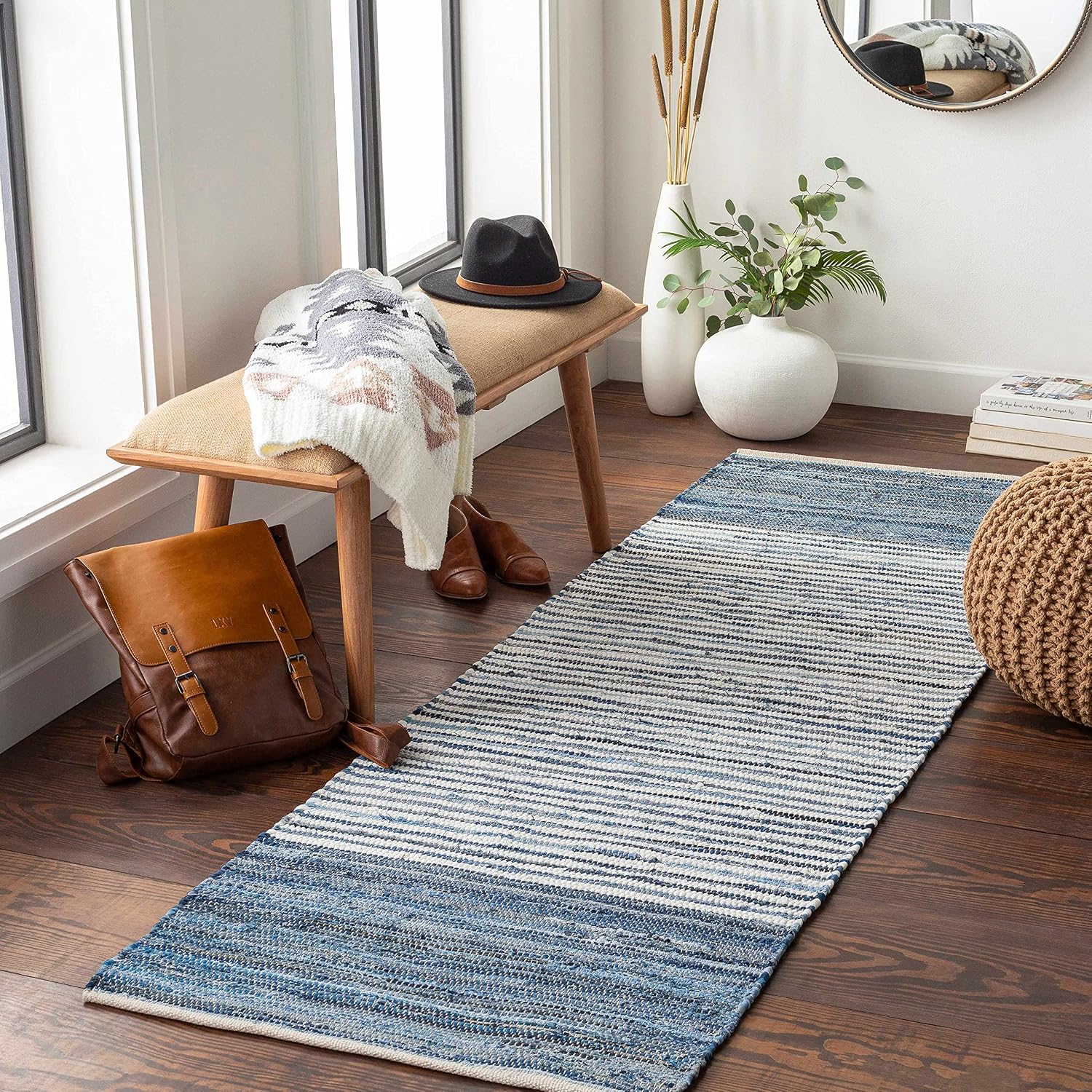 BoutiqueRugs Blue Striped Transitional Cotton 4x5 Accent Rug Hand Woven Navy Traditional Armona Entryway Bedside Nursery Mudroom Bathroom Powder Room 3'6' x 5'6' Stain Resistant Non-Shedding