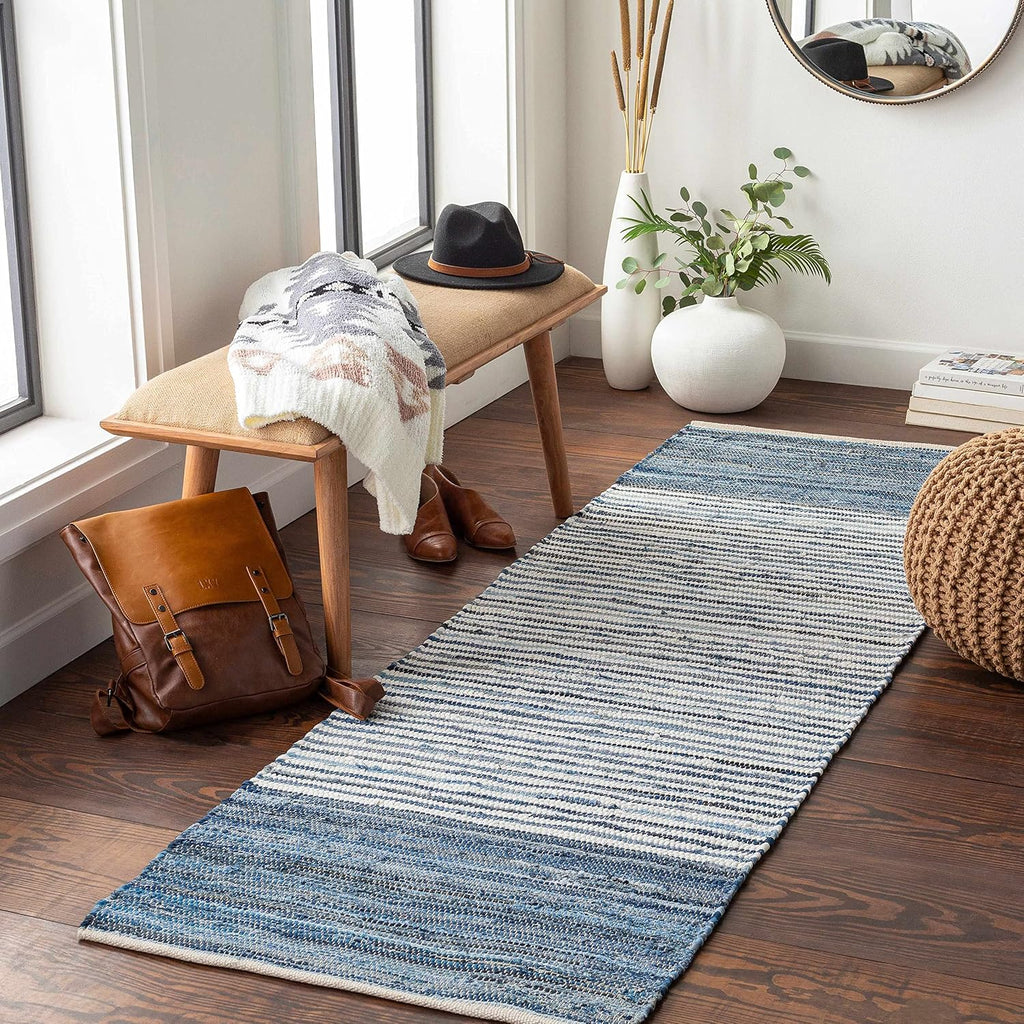 BoutiqueRugs Blue Striped Transitional Cotton 5x8 Area Rug Hand Woven Navy Traditional Armona Living Room Bedroom Dining Room Home Office Apartment Stain Resistant Non-Shedding Pet Friendly