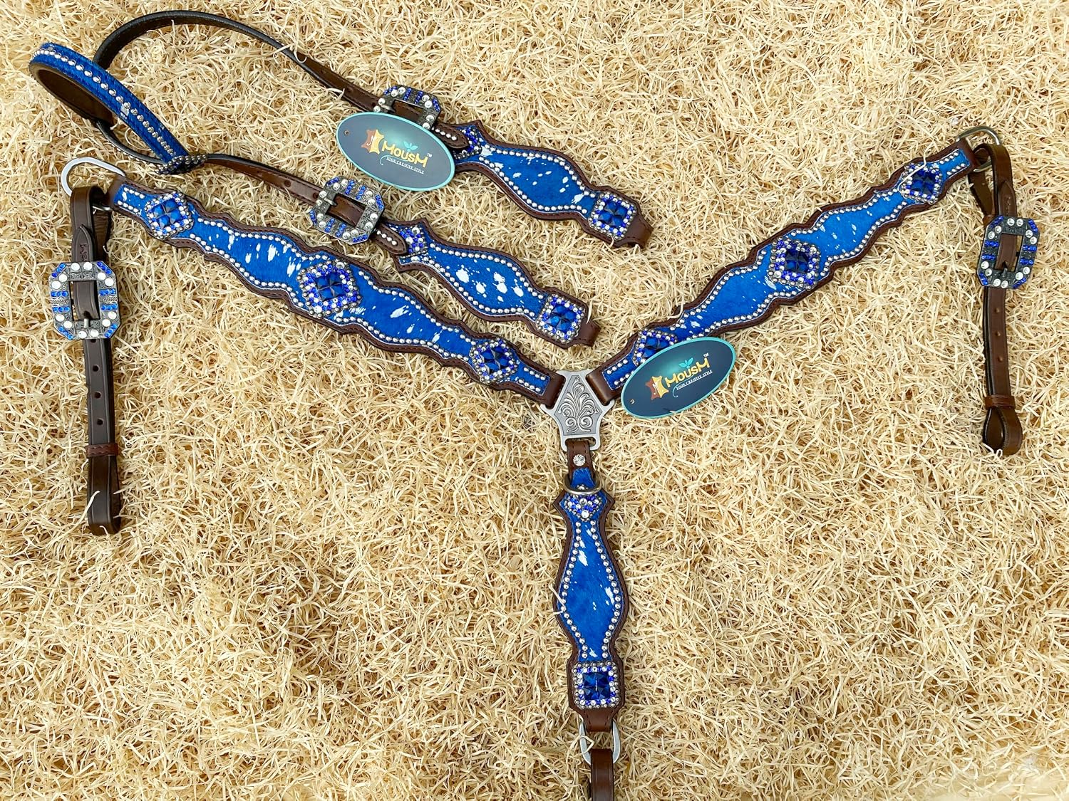 Western Leather Headstall & Breast Collar Set for Horses - Valentine's Day Silver Metallic Cowhide with Rhinestones