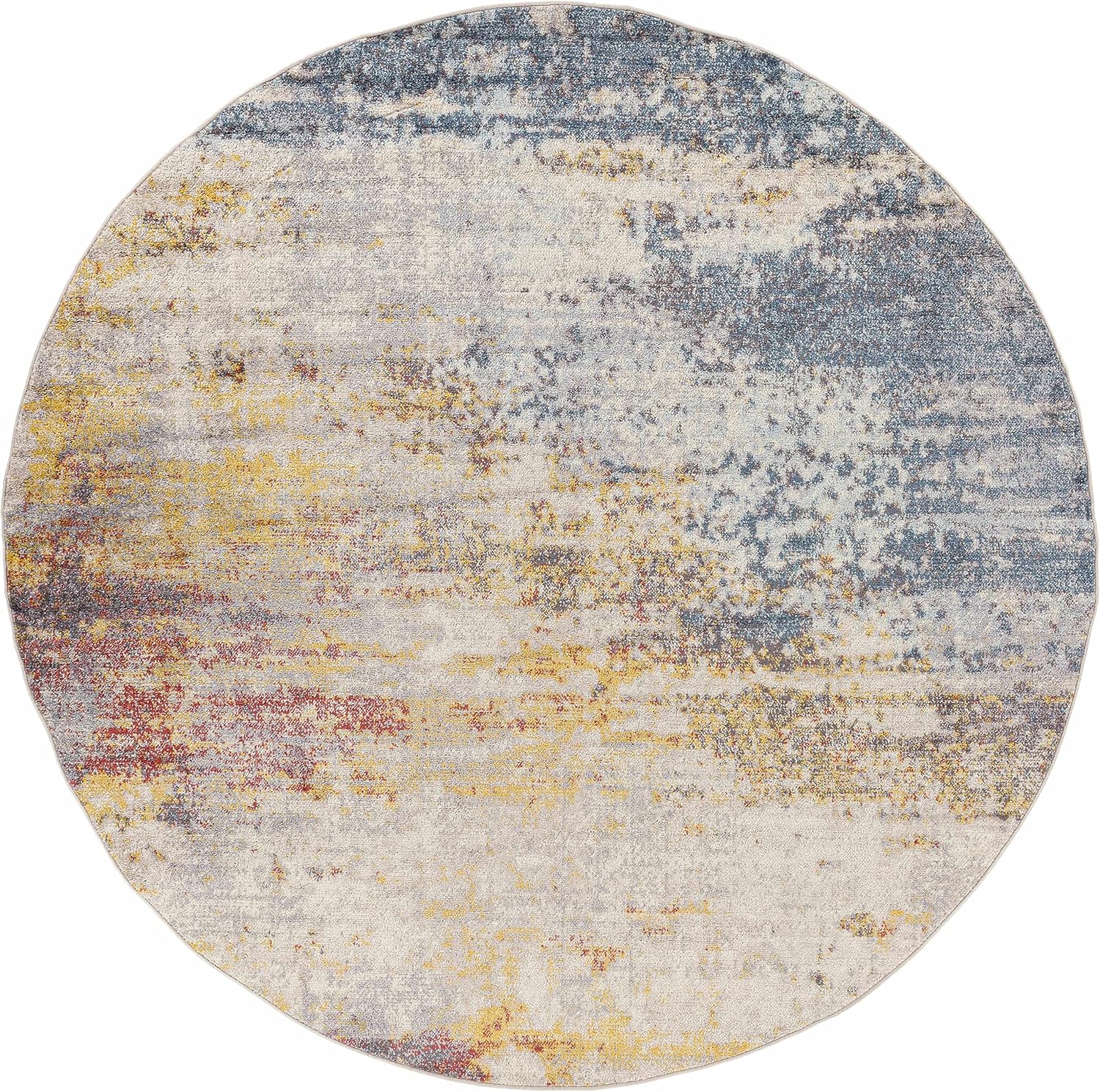 BoutiqueRugs Light Gray Abstract 5ft Round Area Rug Contemporary Mustard Ice Blue Navy Alexandra Living Room Bedroom Dining Room Home Office Apartment 5'3' Round Stain Resistant Non-Shedding