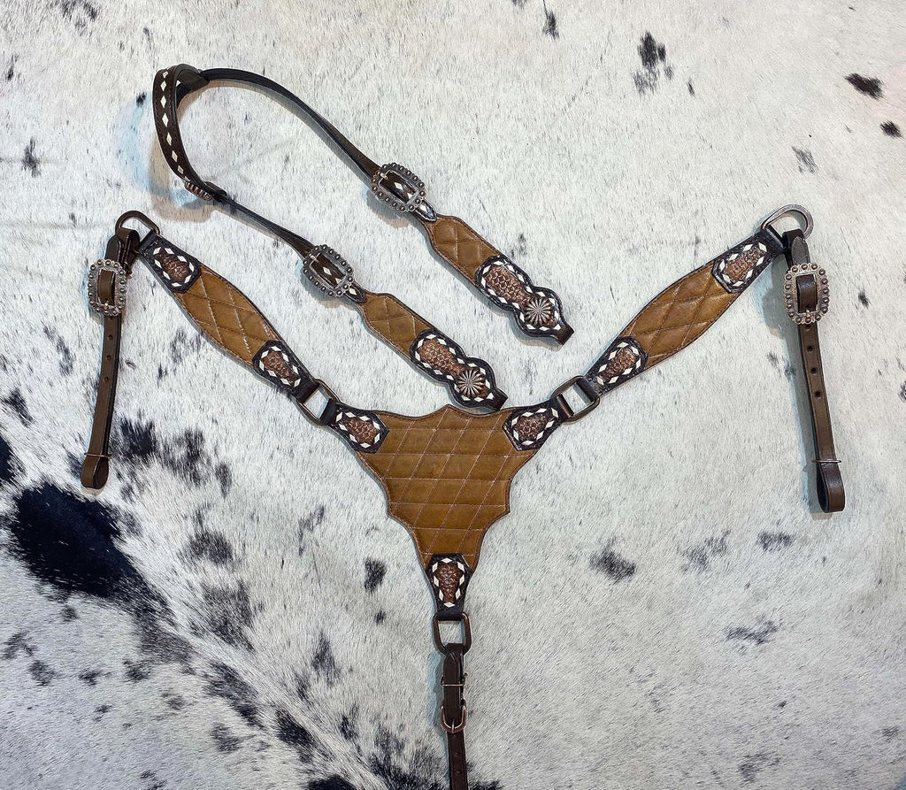 One Ear Western Headstall Bridle Breast Collar Set - Red Rivets and Copper Studs -Genuine Argentina Cow Leather