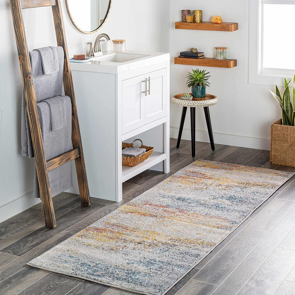 BoutiqueRugs Light Gray Abstract 5ft Round Area Rug Contemporary Mustard Ice Blue Navy Alexandra Living Room Bedroom Dining Room Home Office Apartment 5'3' Round Stain Resistant Non-Shedding