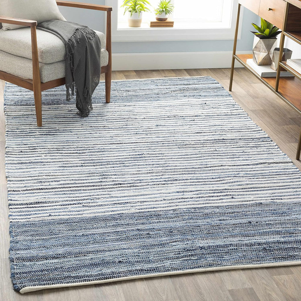 BoutiqueRugs Blue Striped Transitional 10ft Square Area Rug Cotton Hand Woven Navy Traditional Armona Living Room Bedroom Dining Room Home Office Apartment Stain Resistant Non-Shedding Pet Friendly