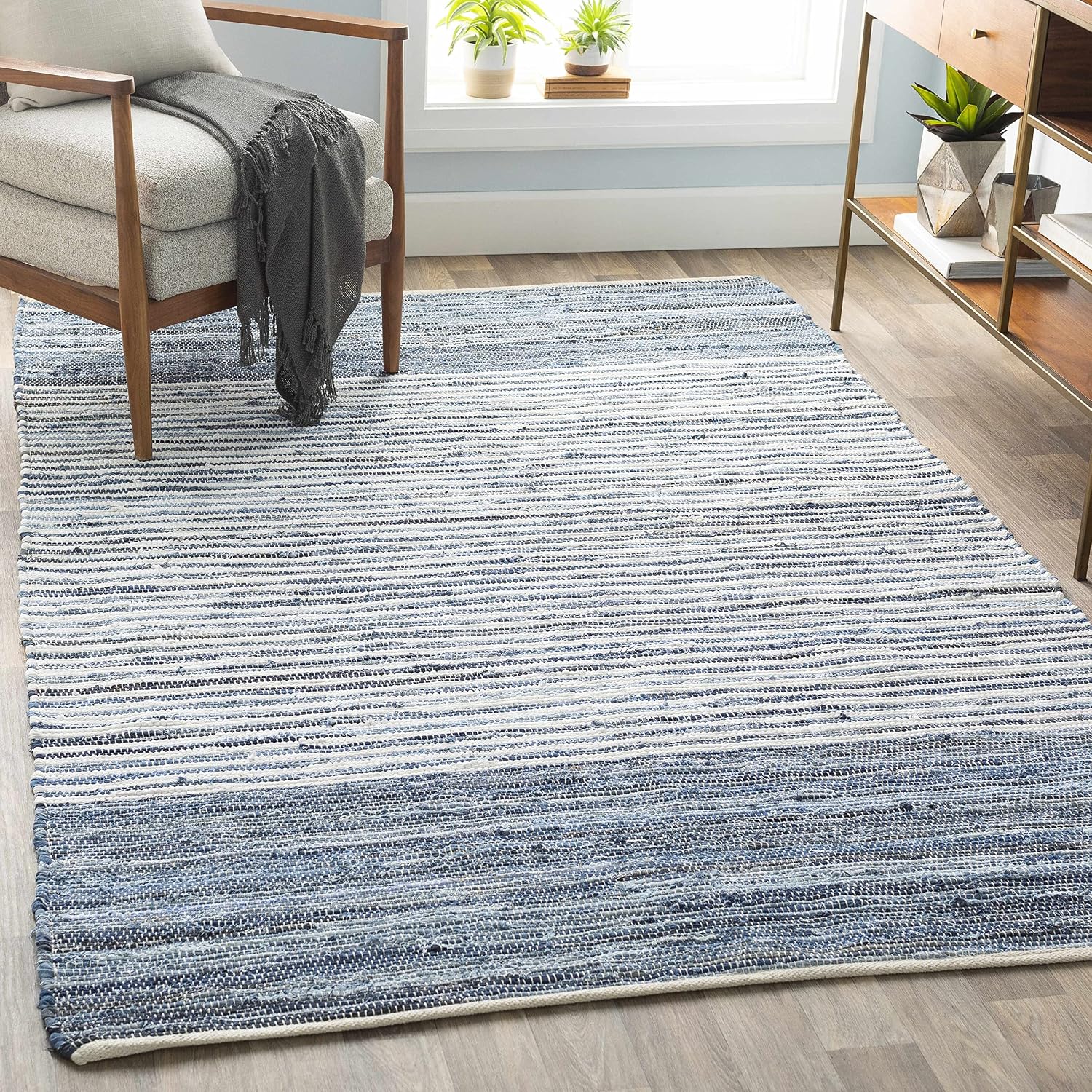 BoutiqueRugs Blue Striped Transitional 10ft Square Area Rug Cotton Hand Woven Navy Traditional Armona Living Room Bedroom Dining Room Home Office Apartment Stain Resistant Non-Shedding Pet Friendly