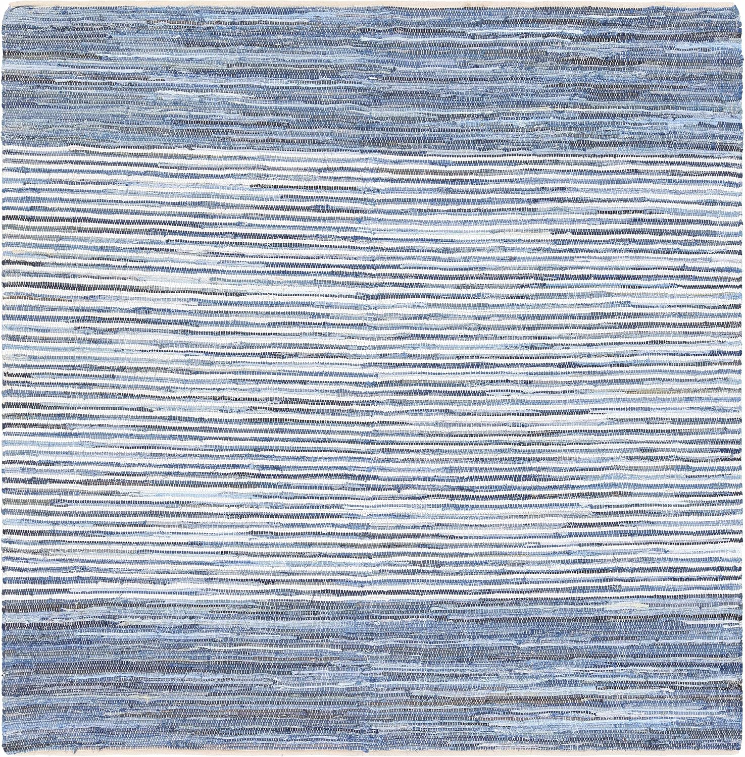 BoutiqueRugs Blue Striped Transitional 10ft Square Area Rug Cotton Hand Woven Navy Traditional Armona Living Room Bedroom Dining Room Home Office Apartment Stain Resistant Non-Shedding Pet Friendly