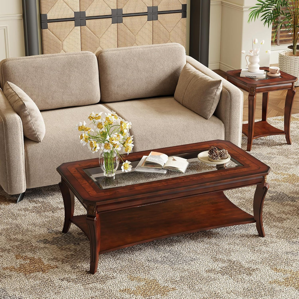 Traditional Rectangle Coffee Table with Tempered Glass for Living Room, Farmhouse Cocktail Table with Storage Shelf, Sofa Center Table for Office, 23.6'D x 47.2'W x 17.9'H,Cherry Brown KFZ-A1168-GT