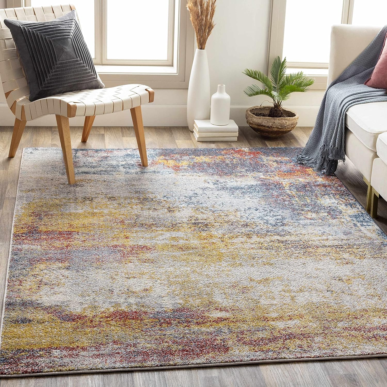 BoutiqueRugs Light Gray Abstract 5ft Round Area Rug Contemporary Mustard Ice Blue Navy Alexandra Living Room Bedroom Dining Room Home Office Apartment 5'3' Round Stain Resistant Non-Shedding