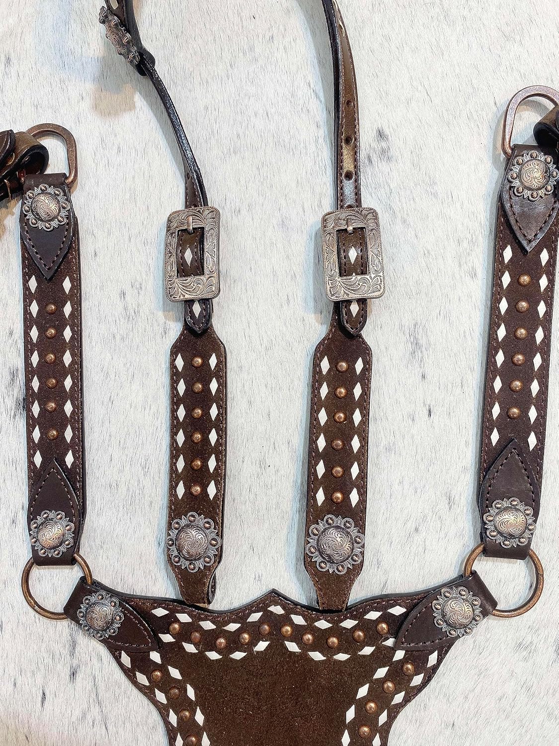Argentina Cow Leather One Ear Headstall and Breast Collar Set - White Rawhide Buck Stitching & Copper Studs Detailing