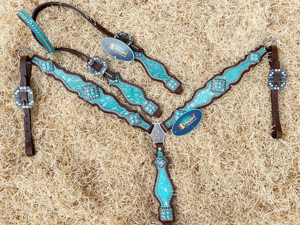 Western Leather Headstall & Breast Collar Set for Horses - Valentine's Day Silver Metallic Cowhide with Rhinestones