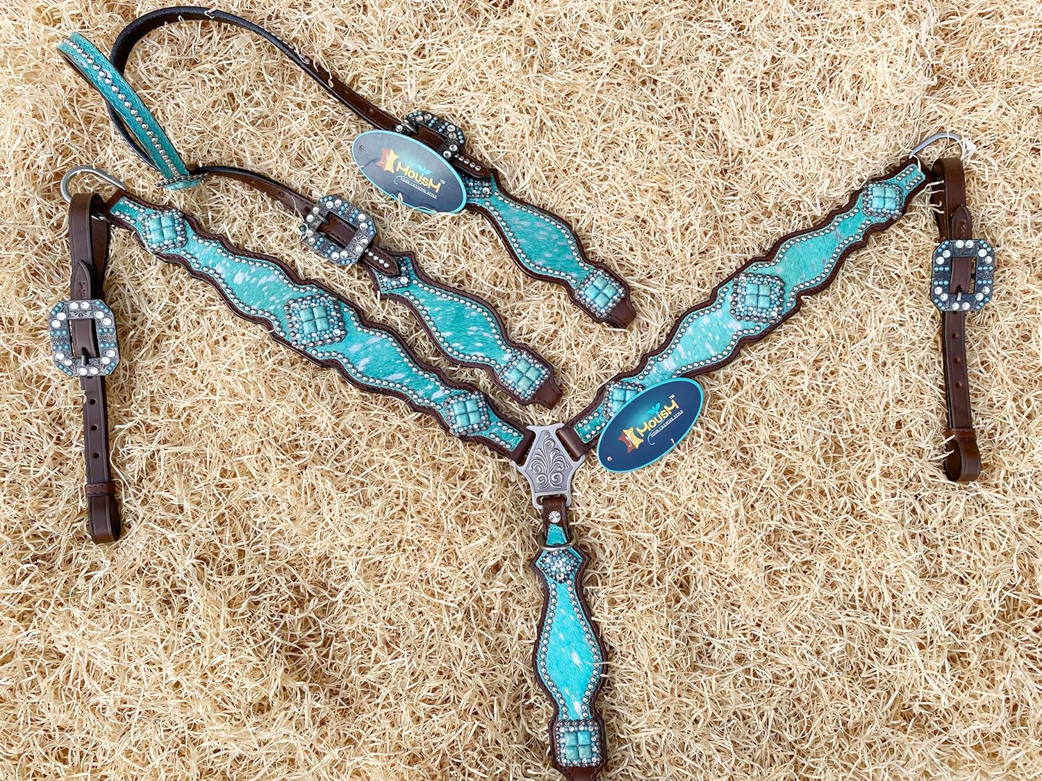 Western Leather Headstall & Breast Collar Set for Horses - Valentine's Day Silver Metallic Cowhide with Rhinestones