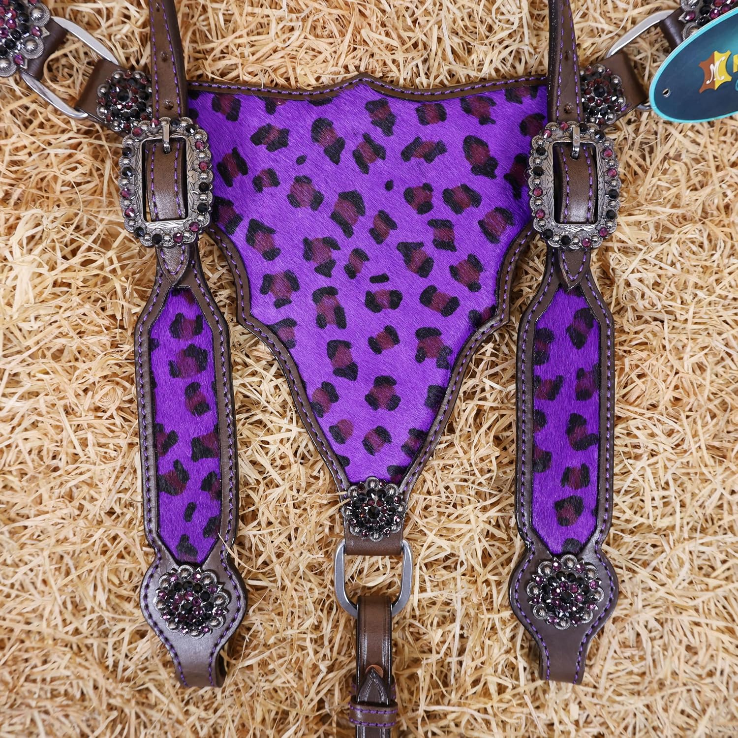 Cheetah Headstall & Breast Collar Tack Set – Gladiator Style with Leopard Print on Leather | Genuine Argentine Cow Leather | Antique Nickel Hardware & Copper Rivet Buckles