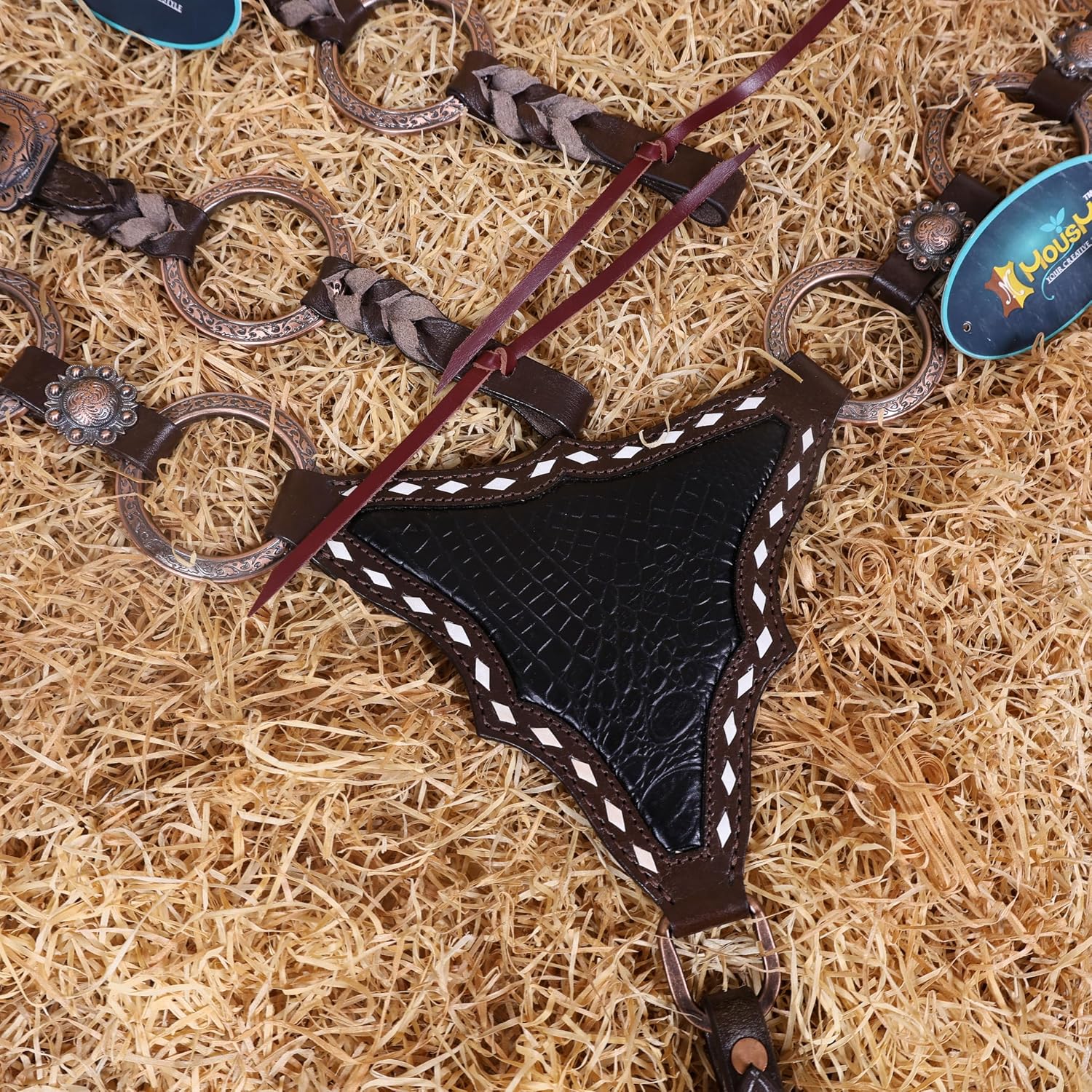 Western Ring Headstall and Breast Collar Set – Copper Rings, Black Alligator Leather Braiding & Cowhide Buck Stitching – Argentina Cow Leather, Antique Copper Hardware