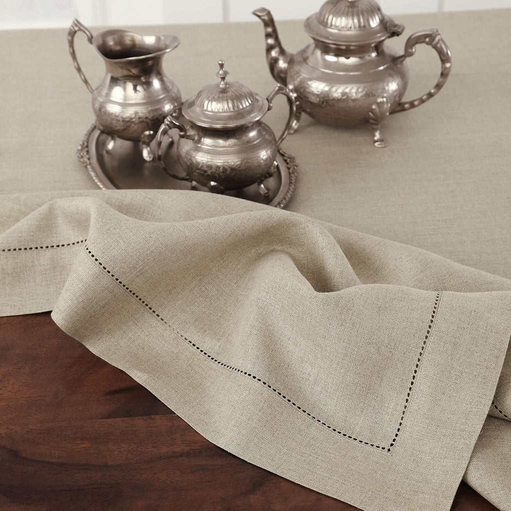 Solino Home Natural Linen Tablecloth 60 x 120 Inch - 100% Pure Linen Hemstitch Table Cloth for Rectangle Tables - Classic Hemstitch, Machine Washable Tablecloth for Summer