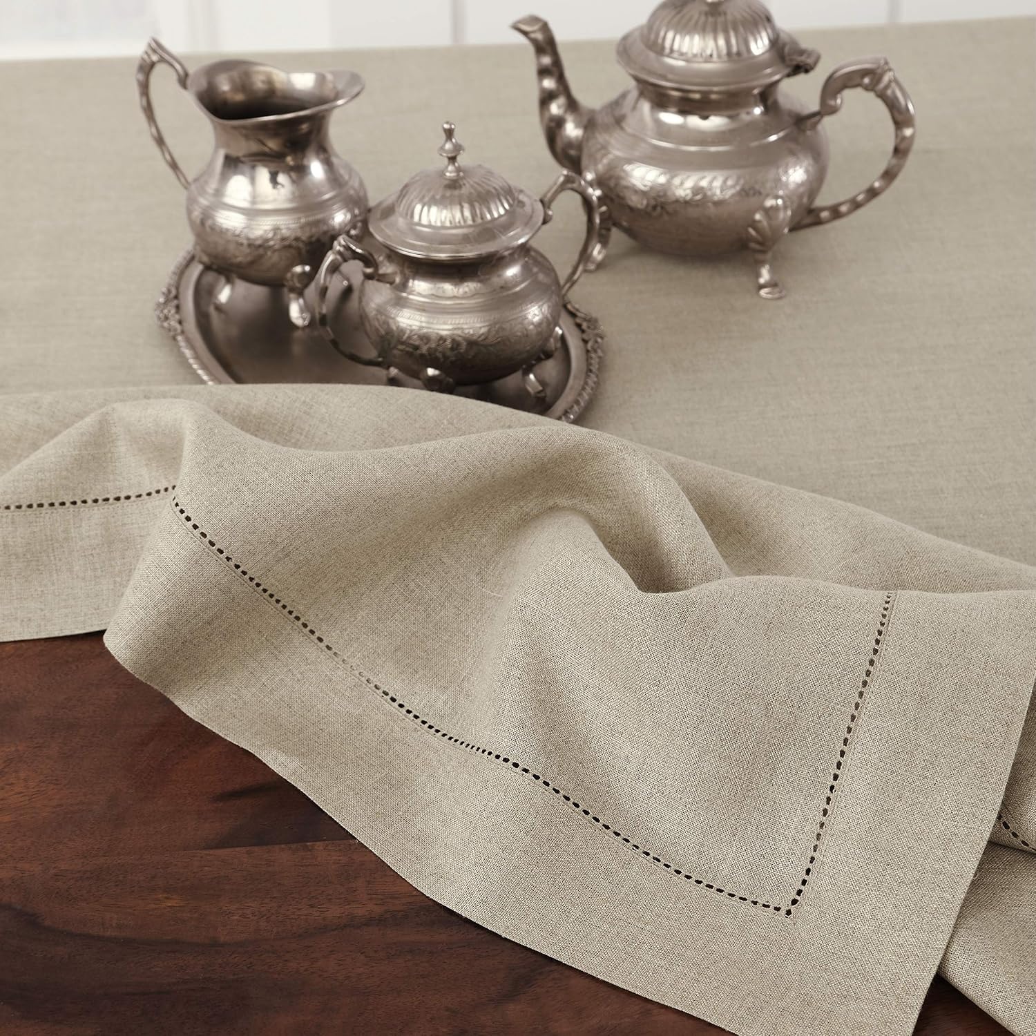 Solino Home Natural Linen Tablecloth 60 x 120 Inch - 100% Pure Linen Hemstitch Table Cloth for Rectangle Tables - Classic Hemstitch, Machine Washable Tablecloth for Summer