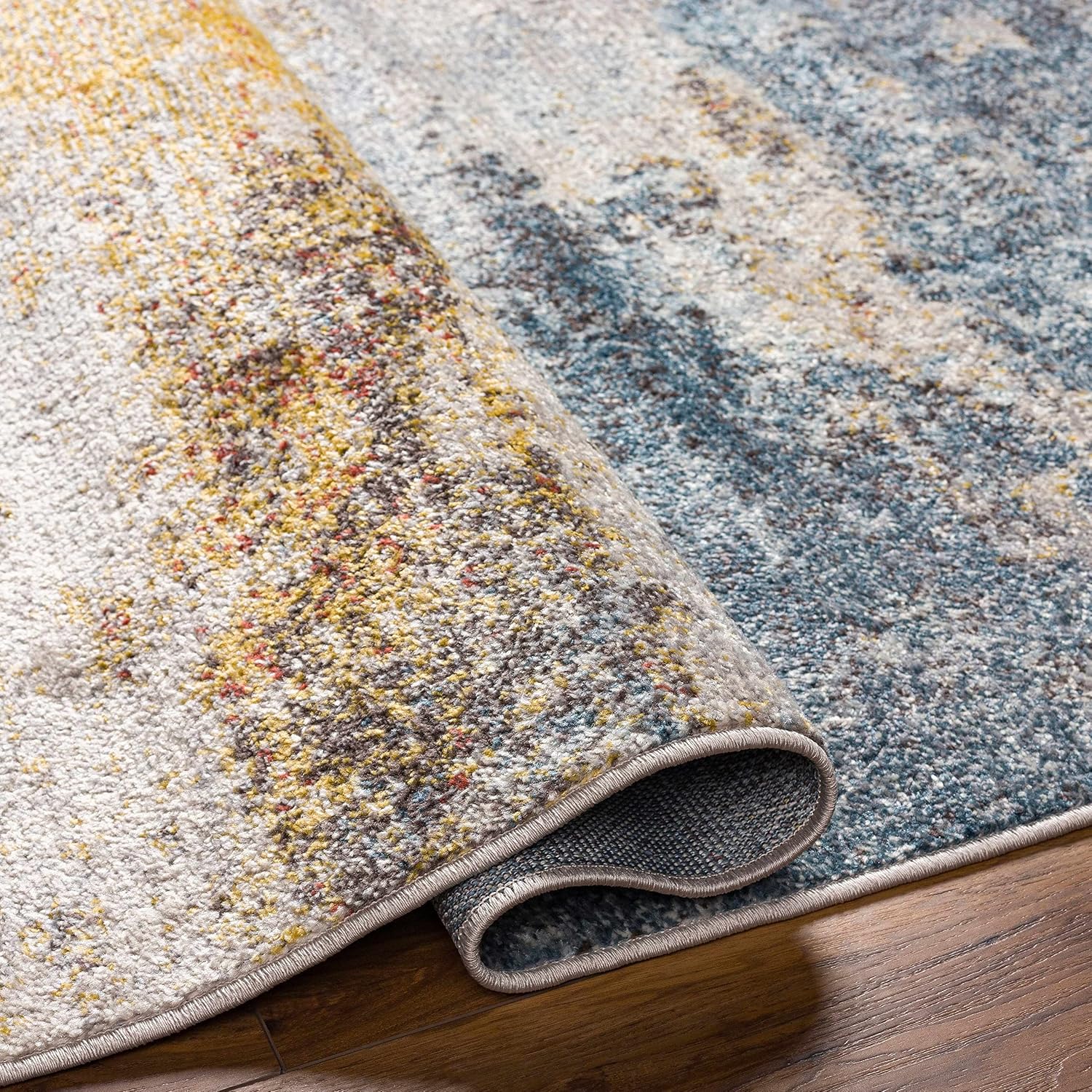 BoutiqueRugs Light Gray Abstract 5ft Round Area Rug Contemporary Mustard Ice Blue Navy Alexandra Living Room Bedroom Dining Room Home Office Apartment 5'3' Round Stain Resistant Non-Shedding