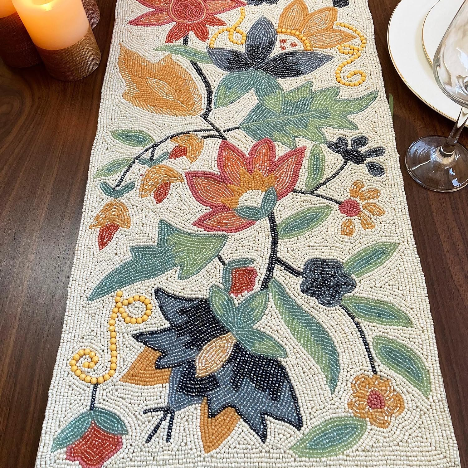 Enliven Handmade XL Table Runner, Beaded Table Runner, Spring Floral Bead Runner, 13x60inch, Multicolour
