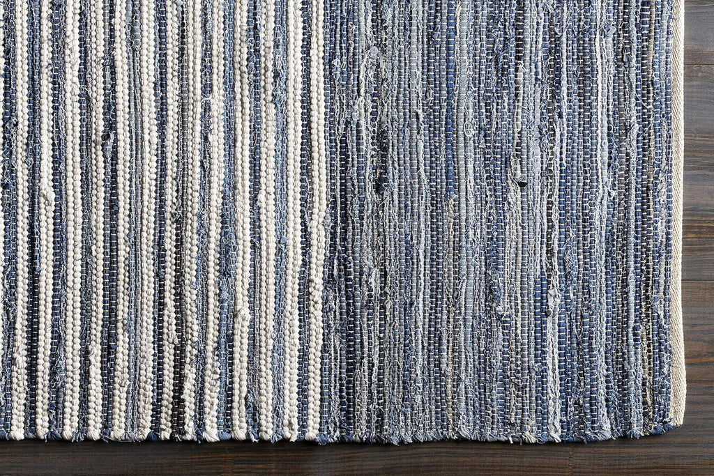 BoutiqueRugs Blue Striped Transitional 10ft Square Area Rug Cotton Hand Woven Navy Traditional Armona Living Room Bedroom Dining Room Home Office Apartment Stain Resistant Non-Shedding Pet Friendly