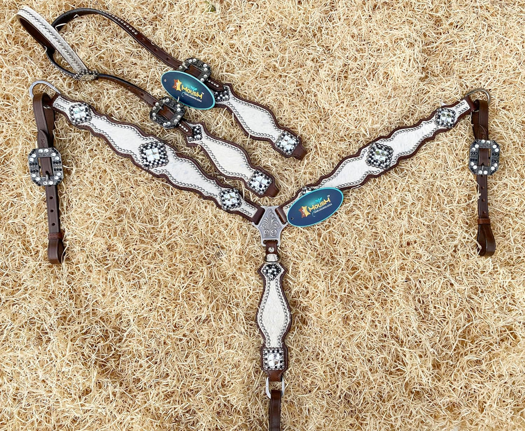 Western Leather Headstall & Breast Collar Set for Horses - Valentine's Day Silver Metallic Cowhide with Rhinestones