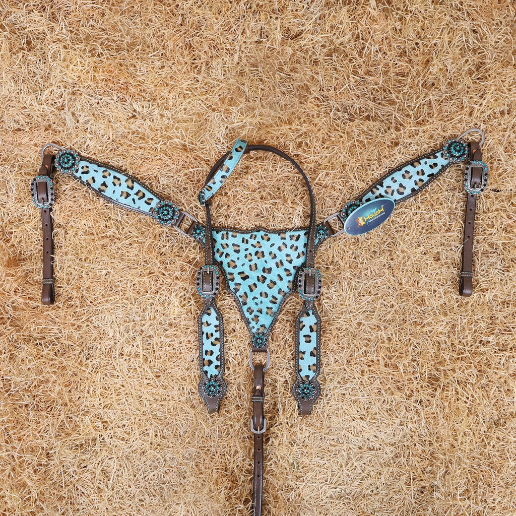 Cheetah Headstall & Breast Collar Tack Set – Gladiator Style with Leopard Print on Leather | Genuine Argentine Cow Leather | Antique Nickel Hardware & Copper Rivet Buckles