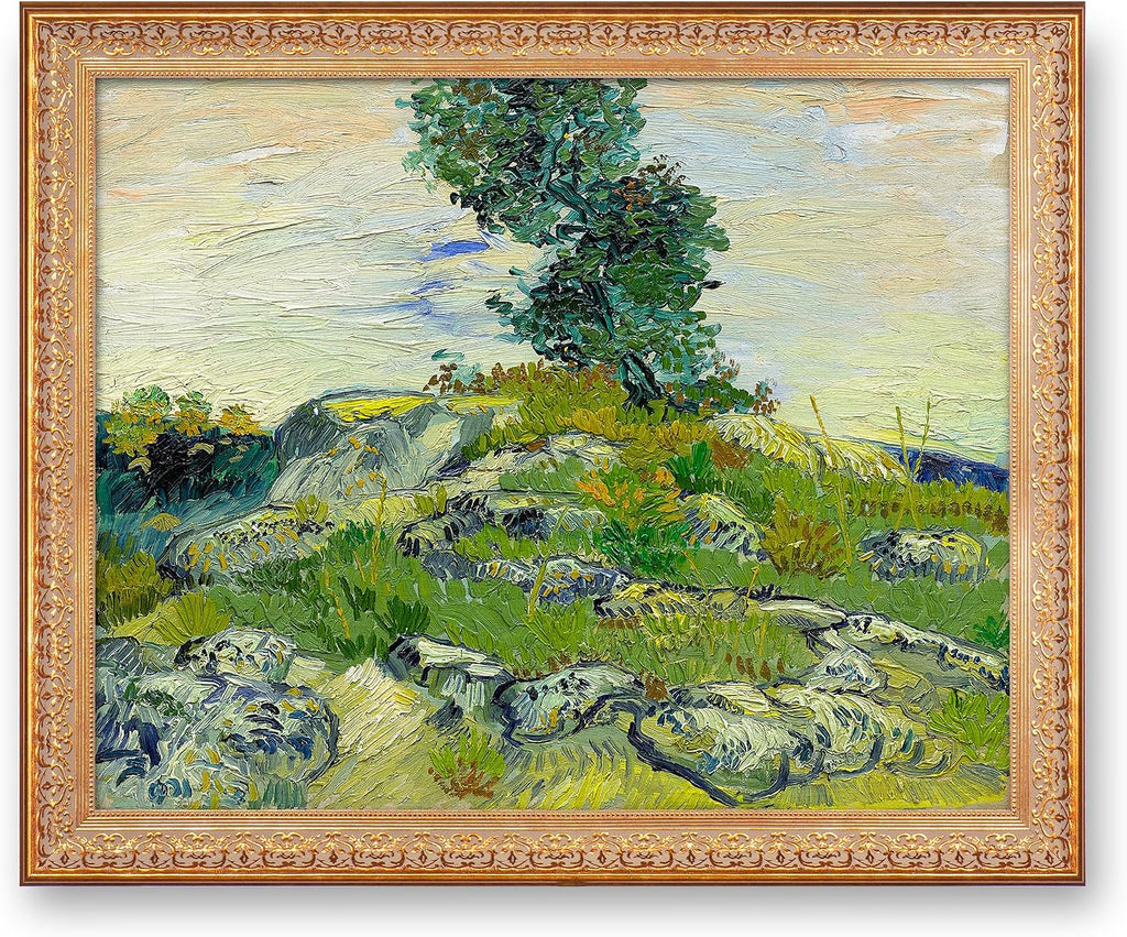 A&T ARTWORK The Rocks by Vincent Van Gogh.Framed Size:34.5x28.5 inches,Image Size:30x24 inches World Classic Reproductions For HomeDecor,Golden Frame