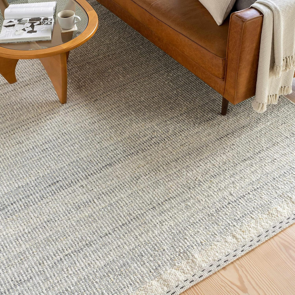 BoutiqueRugs Gray Solid Transitional 10x14 Large Area Rug Wool Hand Woven Flatweave Charcoal Cream Denim Beige Traditional Dalaoig Great Room Open Concept Master Bedroom Large Dining Room Non-Shedding