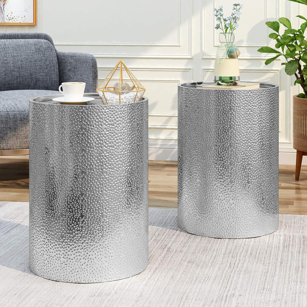 Christopher Knight Home Kaylee Modern Round Hammered Iron Accent Table (2 Pack) -Silver 16 in x 16 in x 22.25 in