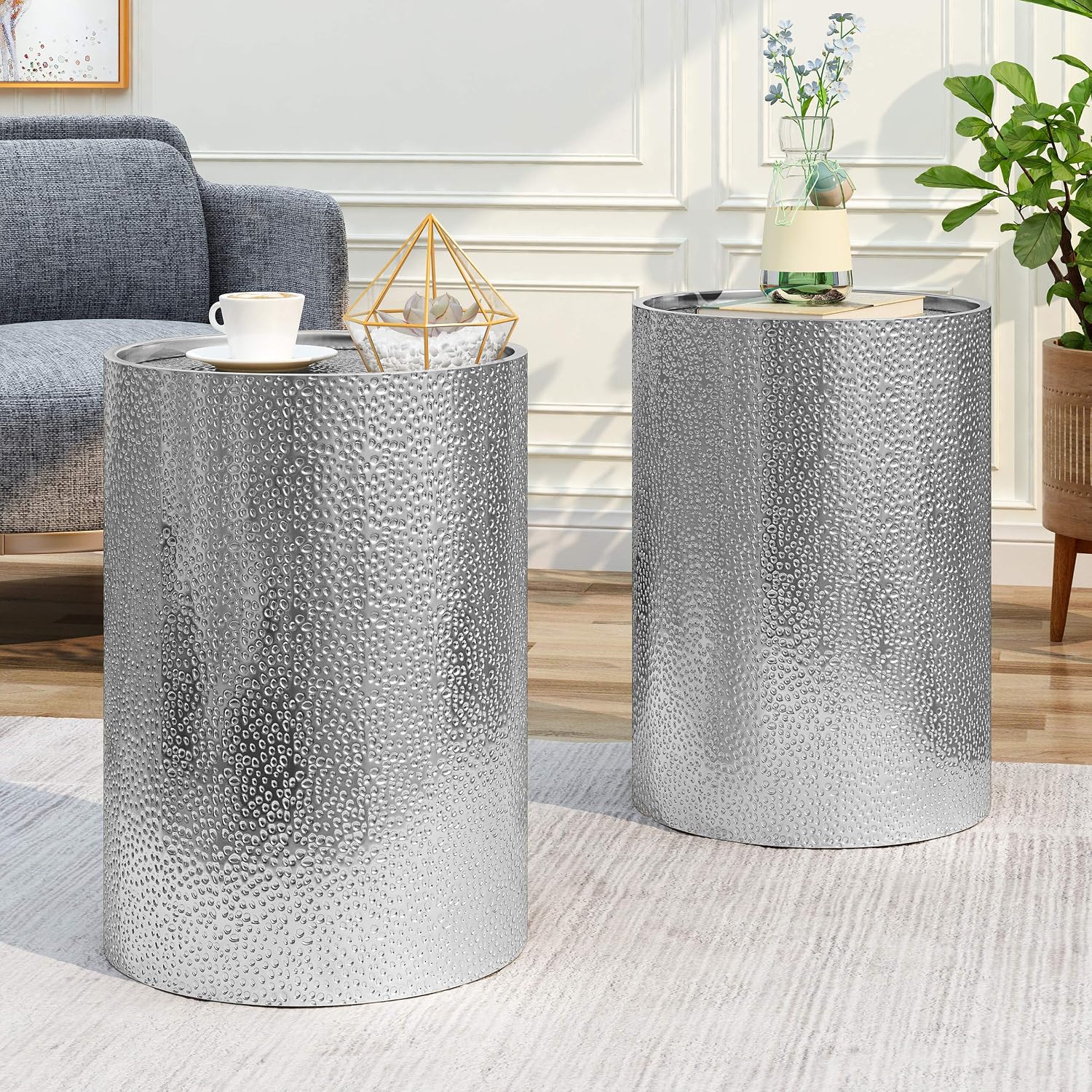 Christopher Knight Home Kaylee Modern Round Hammered Iron Accent Table (2 Pack) -Silver 16 in x 16 in x 22.25 in