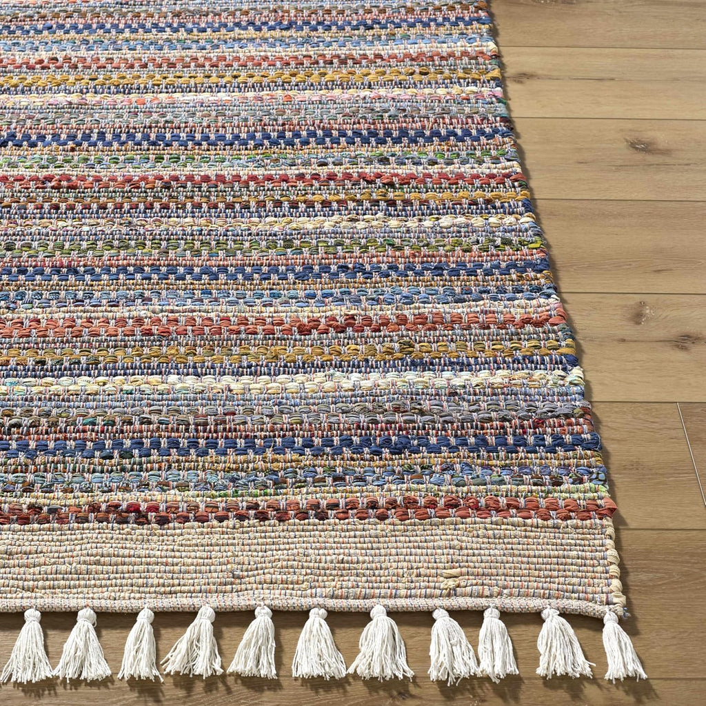 BoutiqueRugs Indigo Striped Transitional Cotton 5x7 Area Rug Hand Woven Tan Rust Olive Mustard Charcoal Ivory Bohemian Brenda Living Room Bedroom Dining Room Home Office Apartment Stain Resistant